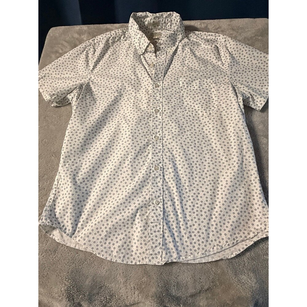 J.Crew Re-Imagined Short Sleeve Shirt L Organic Cotton Stretch Floral White Blue
